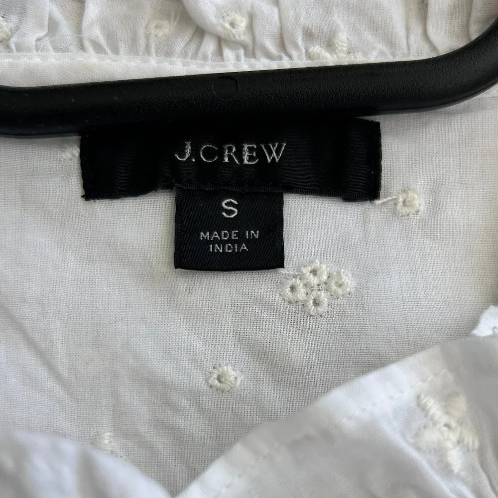 J.Crew Floral Eyelet Ruffled White Bib Front Long Sleeve Top Size Small.
